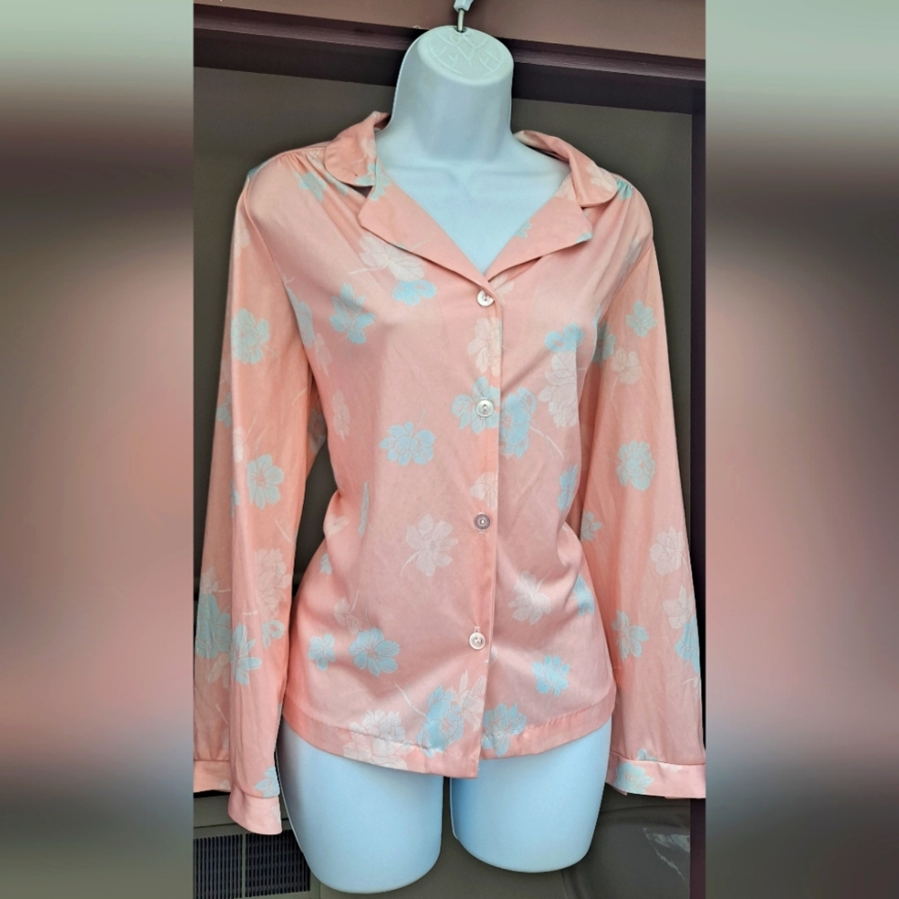 VINTAGE Caring Concepts Floral Blouse Polyester Peach Blue Button Down Shirt XL